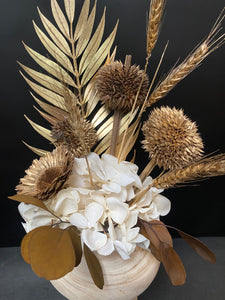 Golden Hydrangea in a  Mango Wood Vessel
